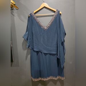 Jkara Navy Blue Bead Rhinestone Trim Embellished Overlay Sheath Dress Sz 18